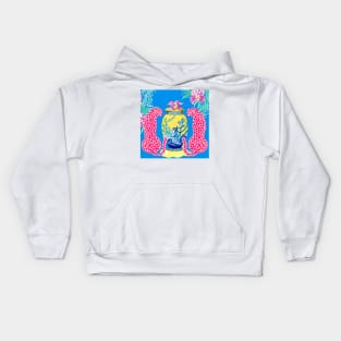 Pink panthers and yellow chinoiserie jar on blue Kids Hoodie